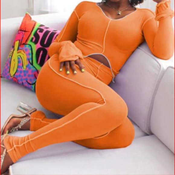 Pants - HP 2PC Leggings Pant Lounge Set TangerineOrange 2X